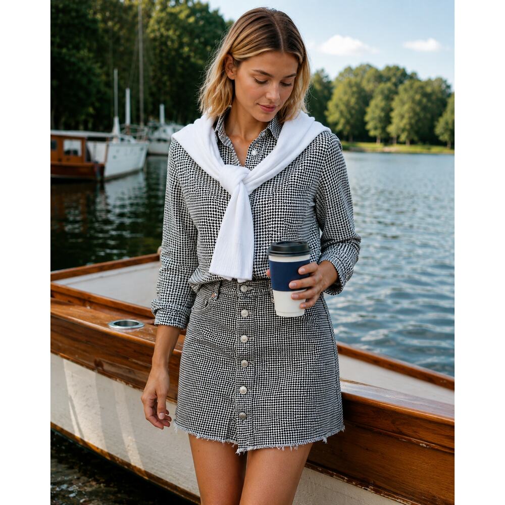 Zara Houndstooth Button Front Mini Skirt Raw Hem Preppy Size S